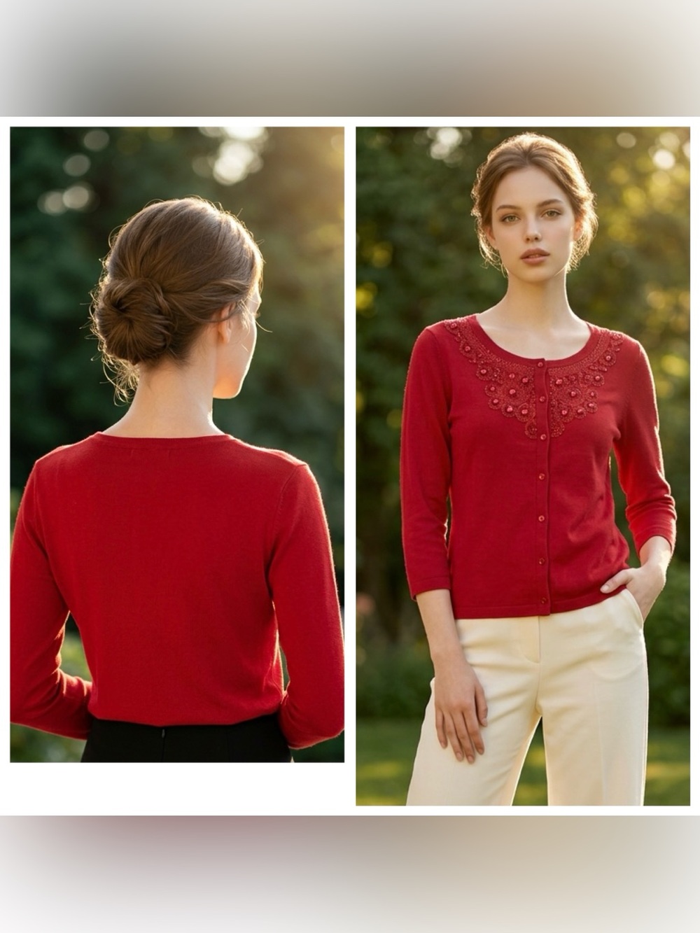 Rafaella Women’s Sz M Red Embellished Button-Front Cotton knit Cardigan